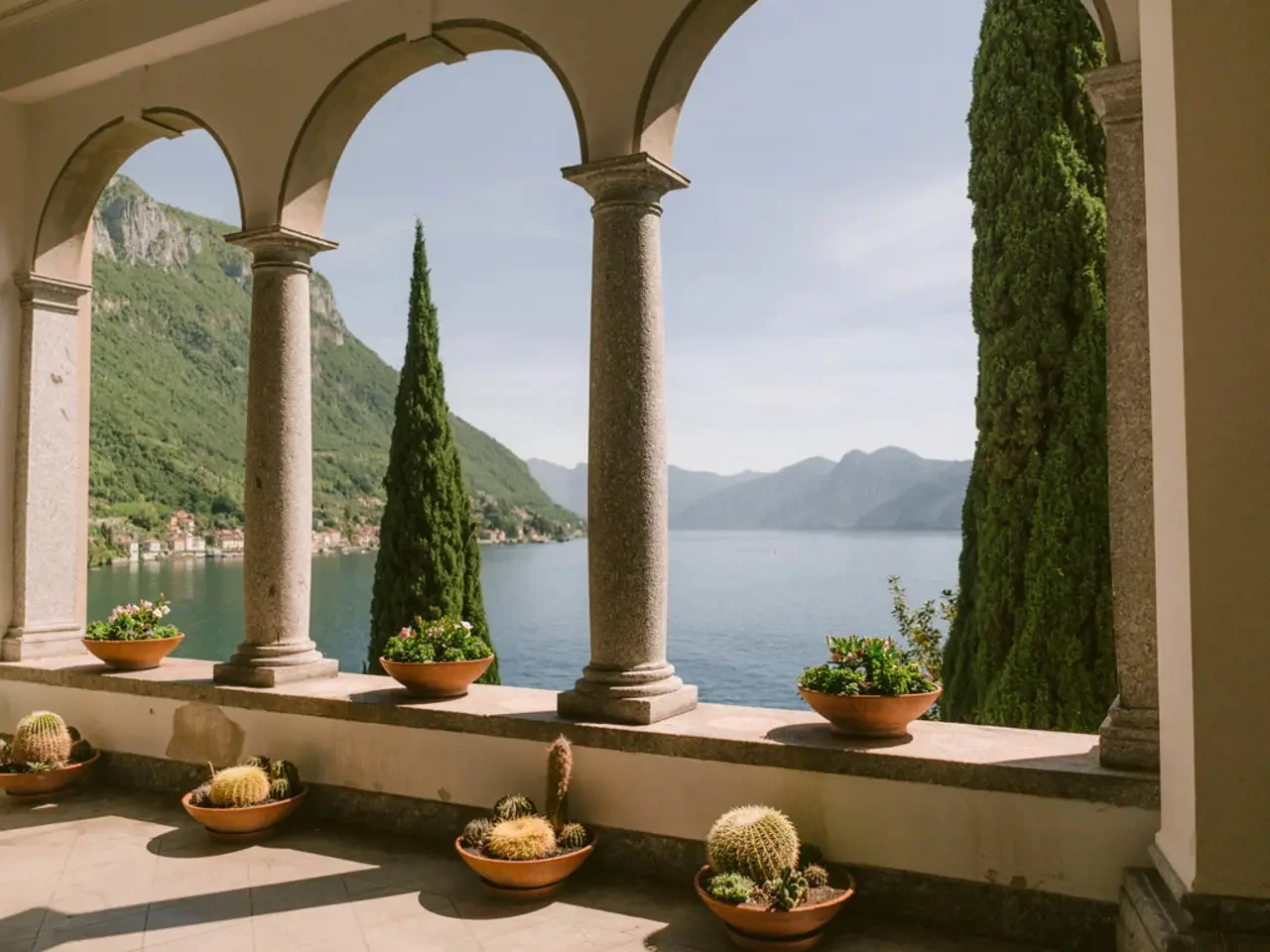 View from a terrace with stone arches overlooking a lake and green mountains, with potted plants and cacti on the ledge.
