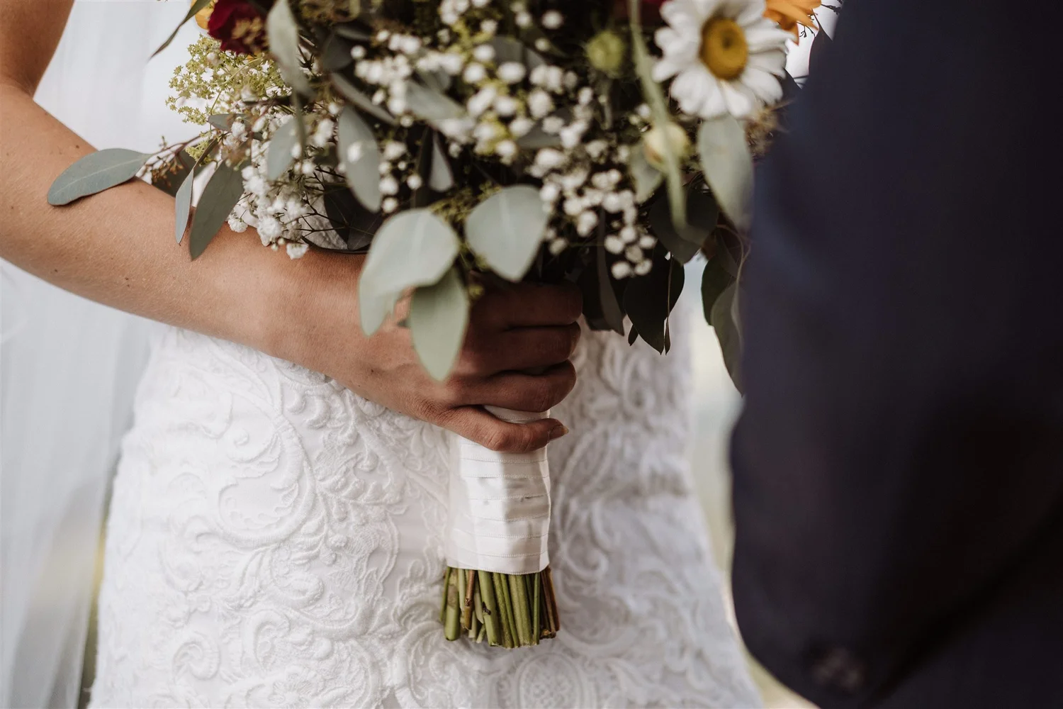 Close-up of a bride holding a bouquet of small white flowers, greenery, and daisies. The bride's white dress with textured embroidery is partially visible.