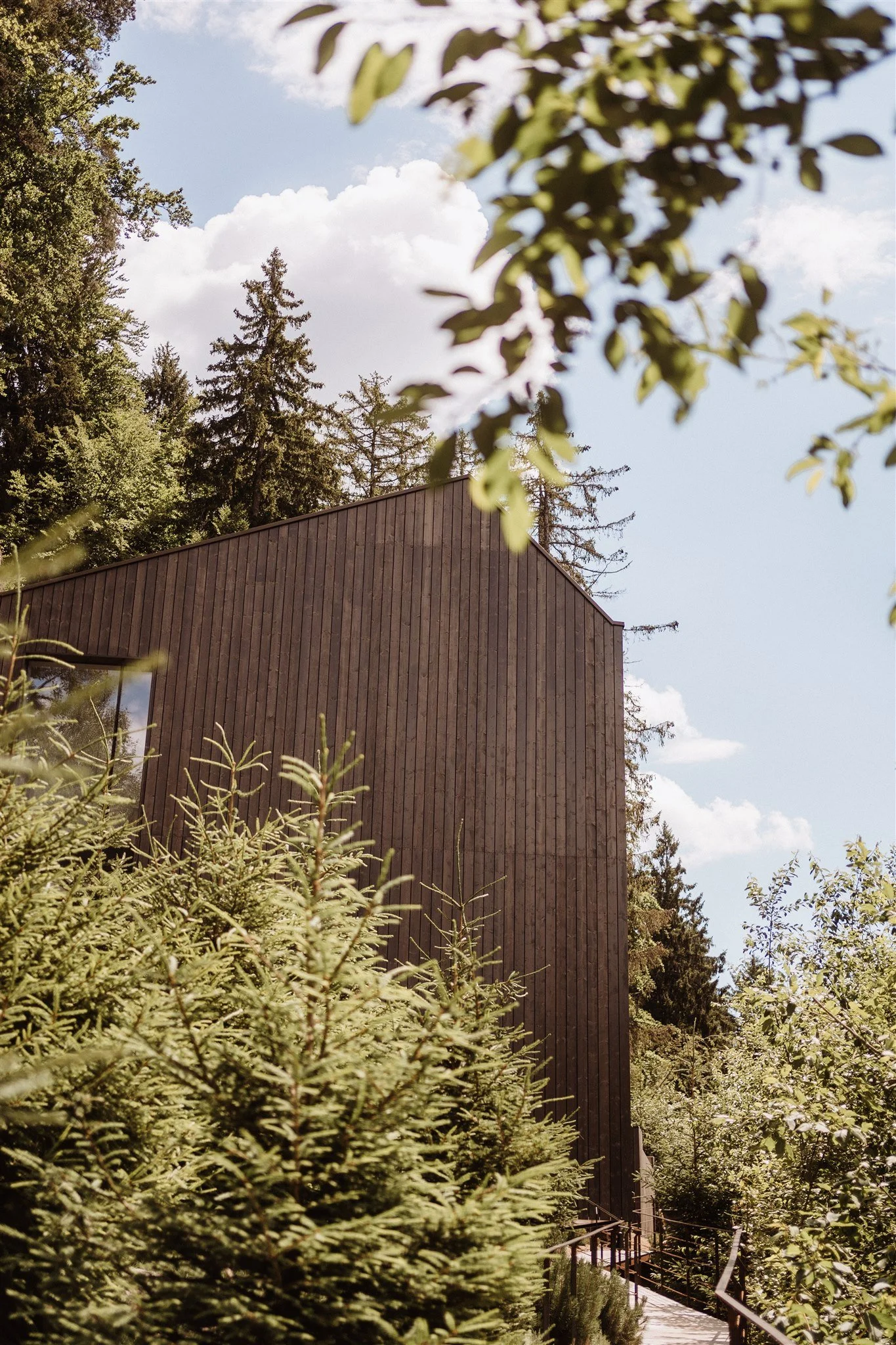 A building with wooden siding is surrounded by dense green trees and shrubs under a partly cloudy sky.