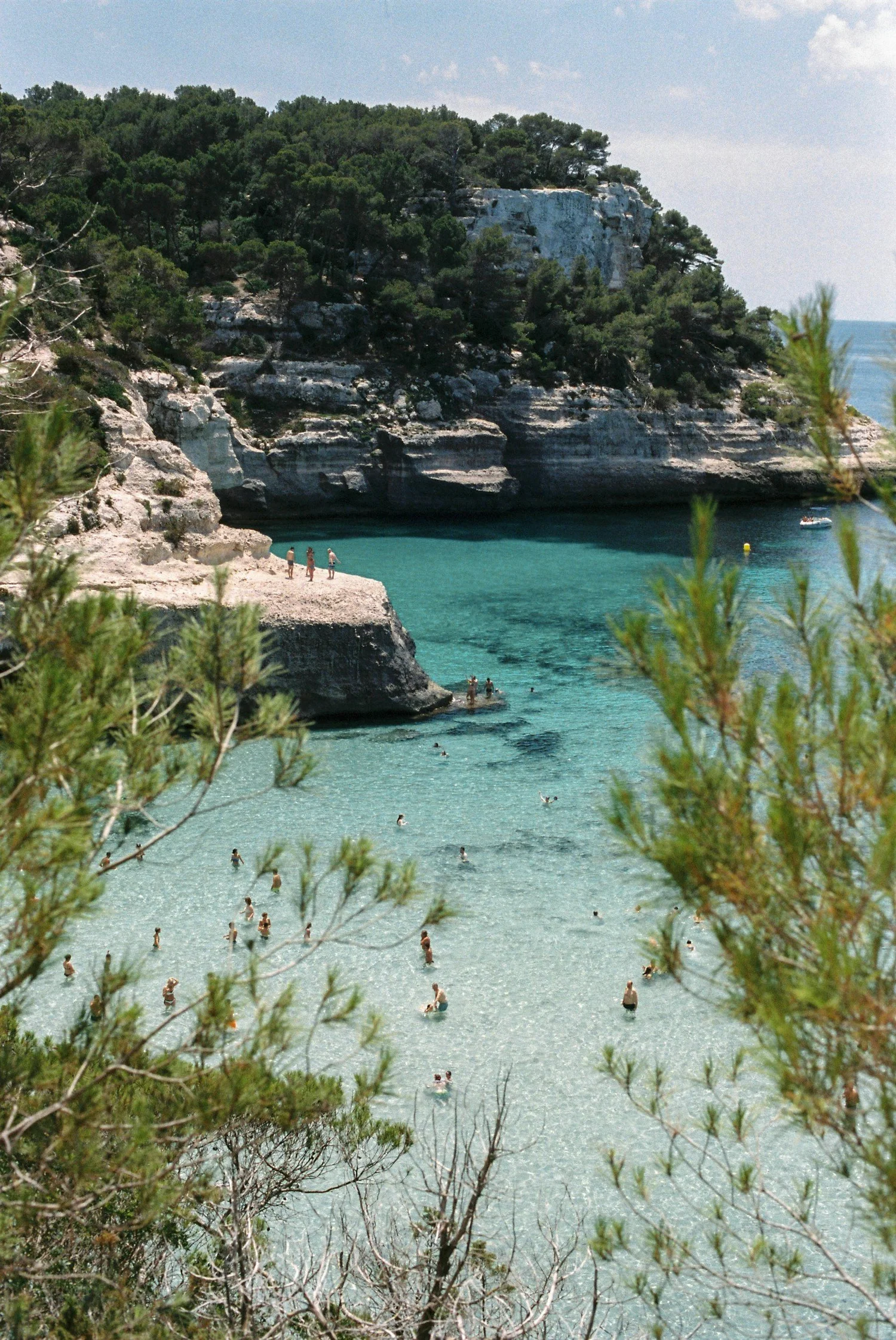 People swimming and relaxing at a secluded beach with clear turquoise water, surrounded by rocky cliffs and pine trees.
