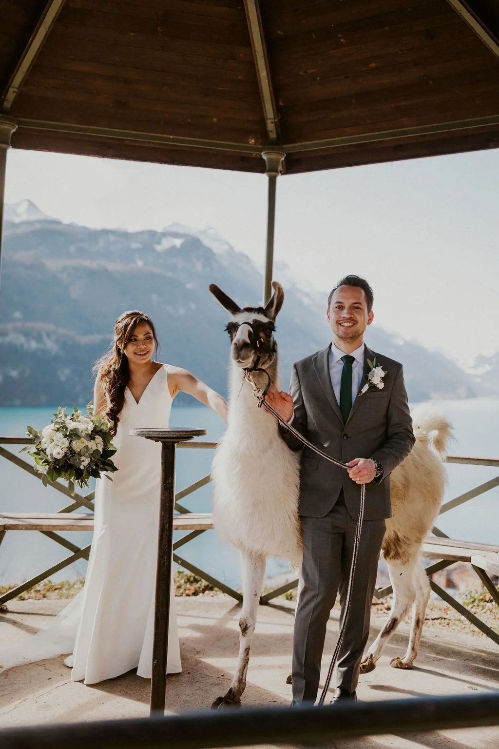 Bride and groom at a lakeside wedding, standing under a wooden pavilion, with a llama between them, mountains and water in the background.
