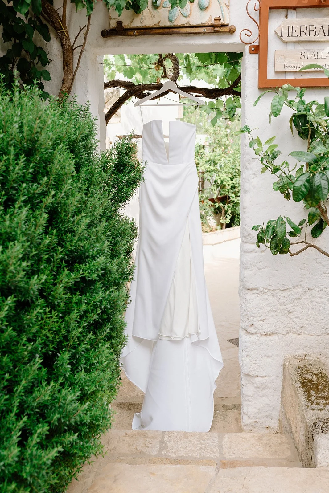 A white wedding dress hanging on a hanger in a garden entrance surrounded by green plants and vines.
