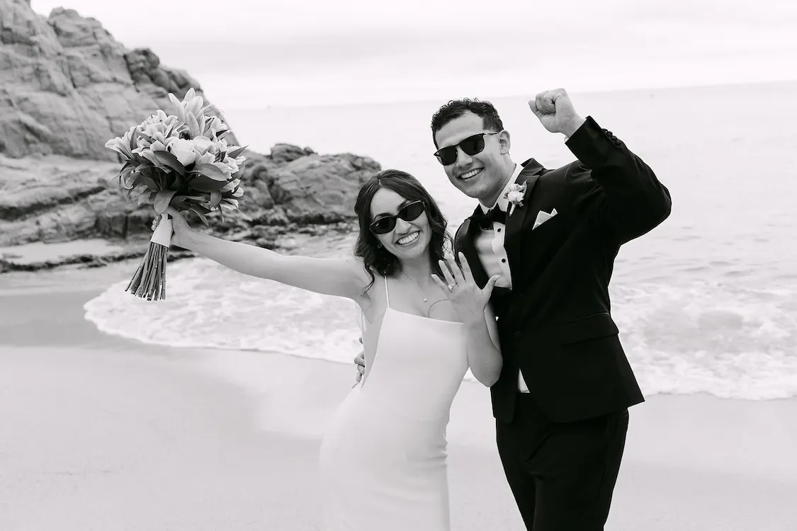 Elopement portrait on beach in Costa Brava, Spain
