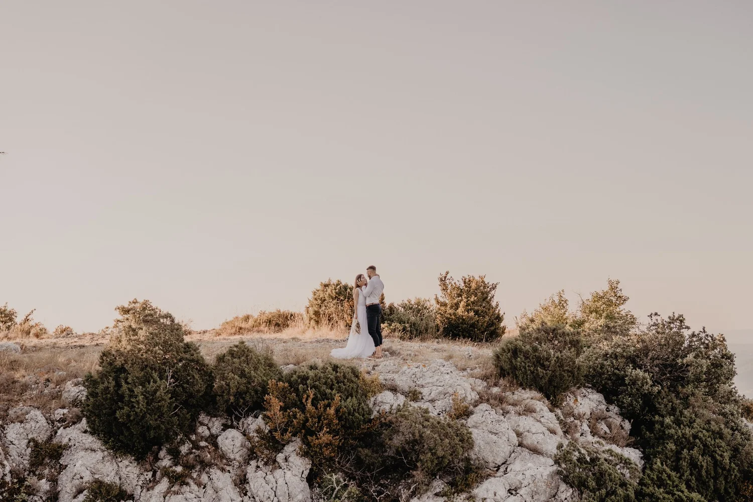 A couple dressed in wedding attire standing close together outdoors among shrubs and trees during sunset or sunrise.