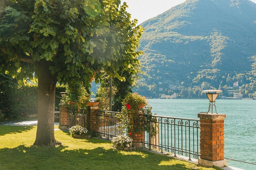 A lakeside scene with a large leafy tree, a wrought iron fence, potted flowers, and a mountain in the background.