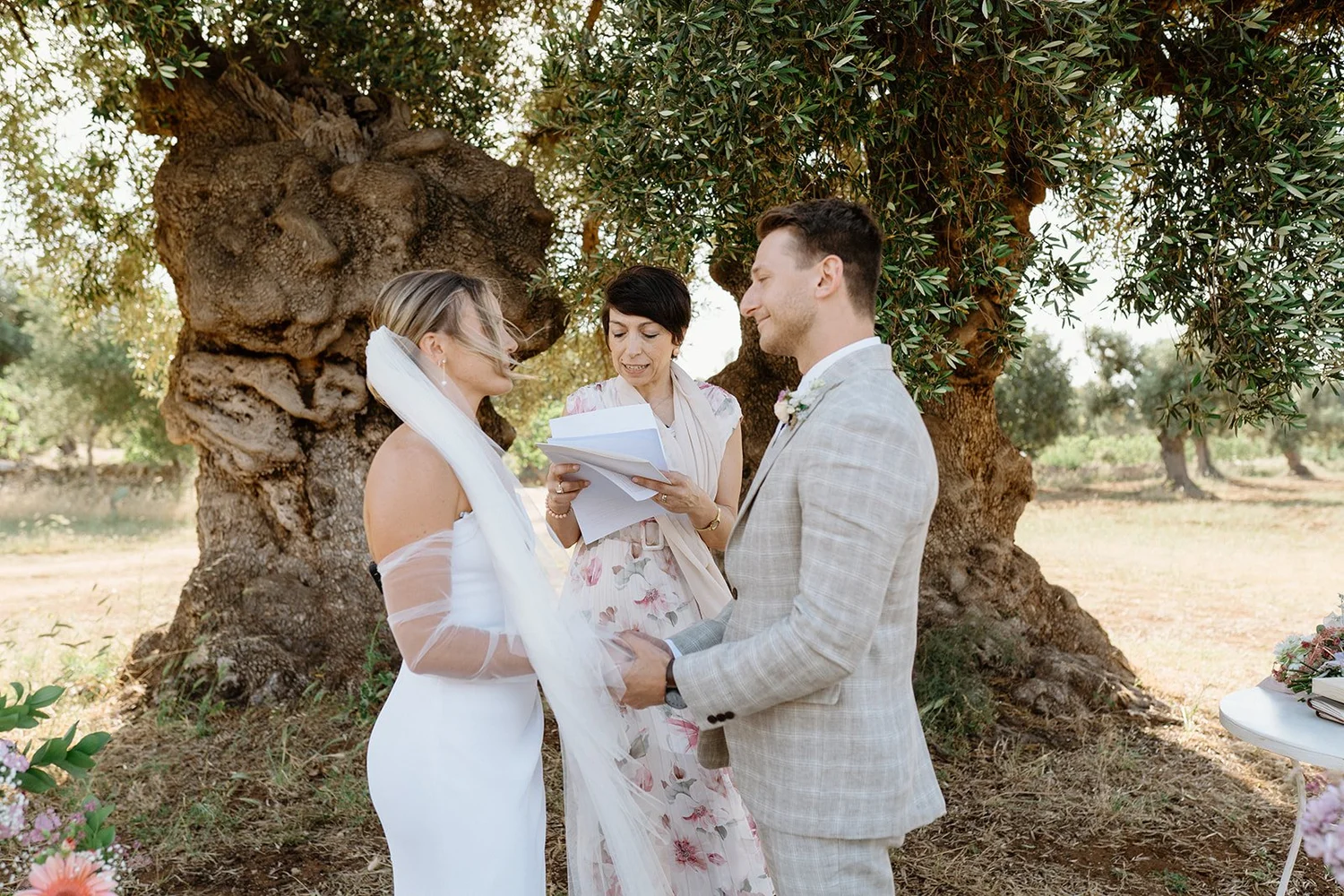 A couple is exchanging wedding vows outdoors under a large, twisted olive tree, with an officiant reading from a booklet.
