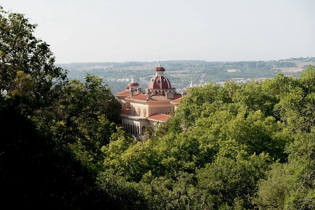 Historic building with red domes and a tower visible through dense green trees, with a distant landscape in the background.