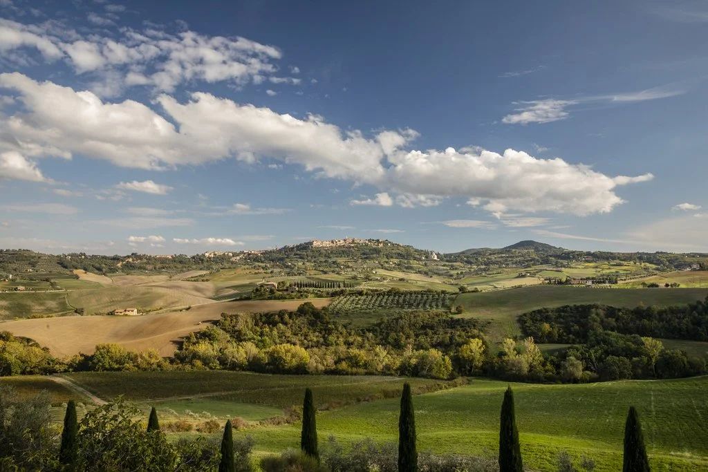 Scenic view of rolling hills and farmland under a partly cloudy sky with distant hills and a small town on a hilltop.