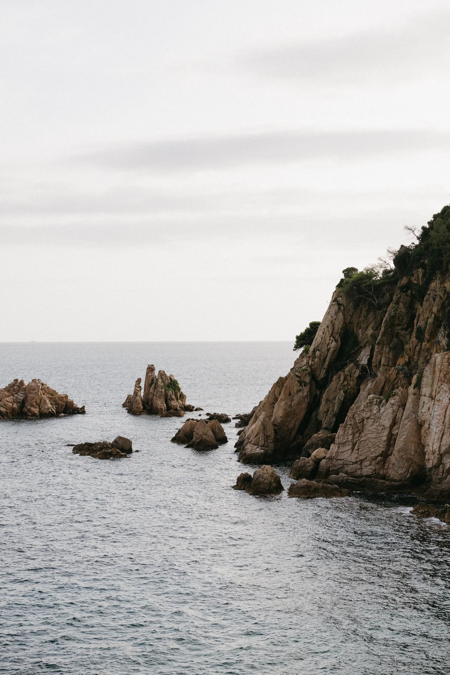 Rocky coastal cliffs with water and overcast sky.