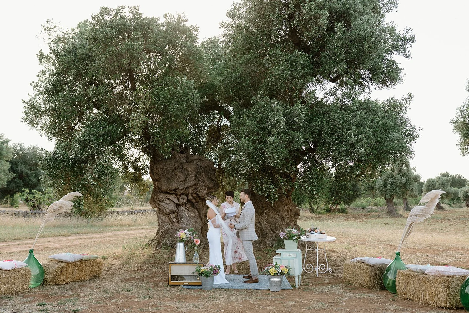 A couple gets married outdoors under a large, lush tree. They are being officiated by a woman holding a document. The scene includes floral arrangements, seating made of hay bales with cushions, and decorative vases, creating a rustic wedding setting