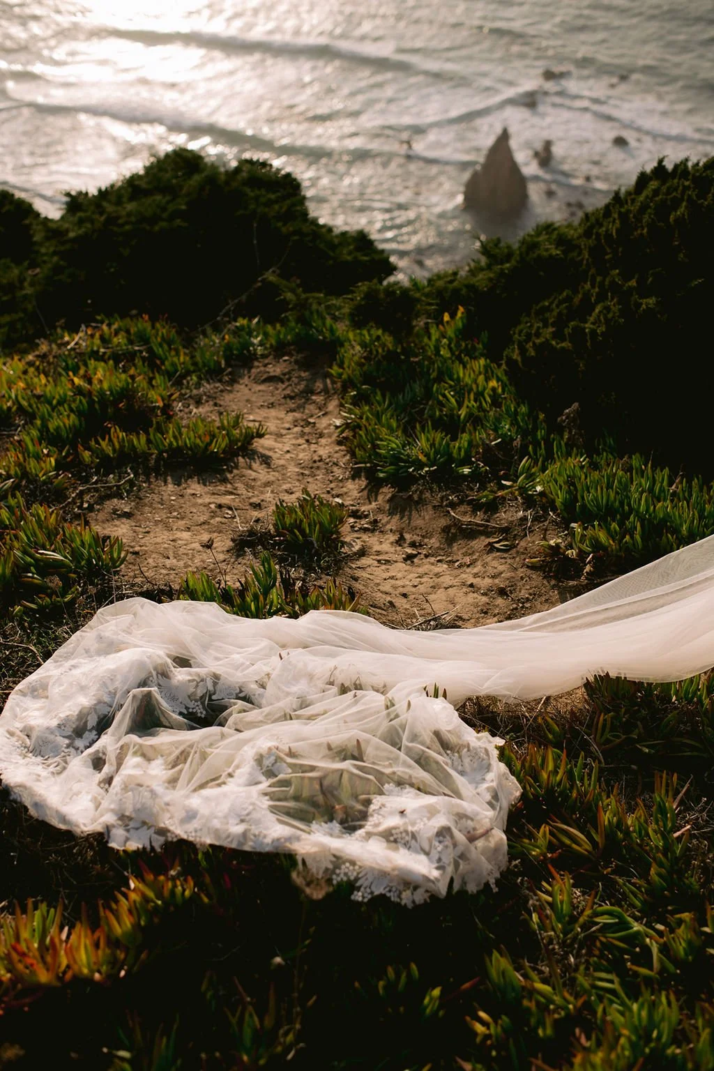 A white lace wedding dress lying on green shrubbery on a dirt path overlooking the ocean and rocky cliffs during sunset.