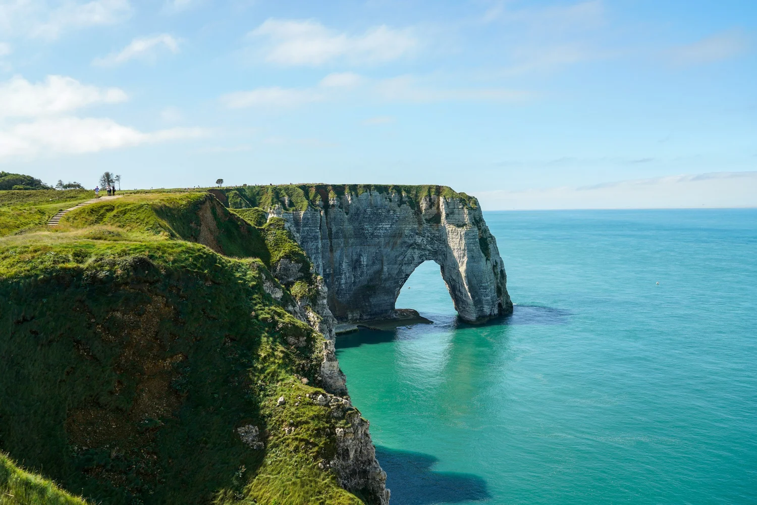 Cliffs with green vegetation overlooking the ocean on a partly cloudy day.