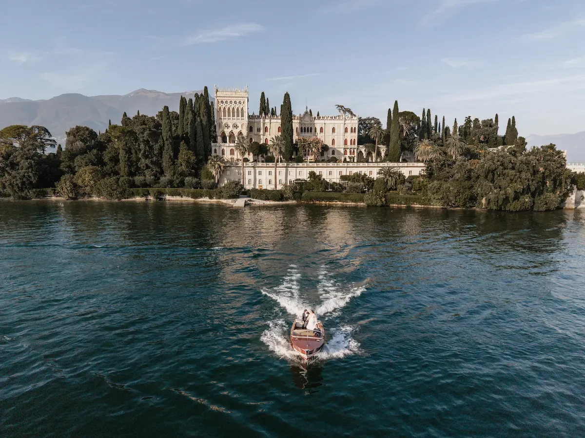 Elopement couple portrait on boat in Lake Garda Italy