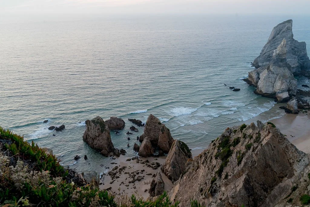 Coastal scene with large rocks and cliffs by the ocean, gentle waves, and greenery in the foreground.