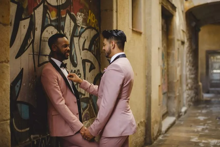 Two men in pink suits sharing an intimate moment in front of a graffiti-covered wall in an alleyway.