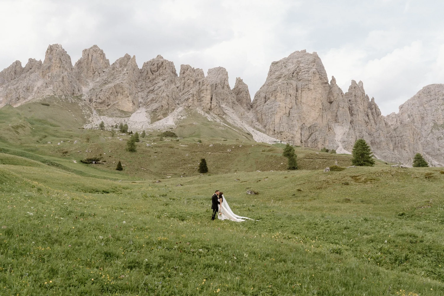 A couple in wedding attire standing in a green grassy field with mountains in the background, under a cloudy sky.