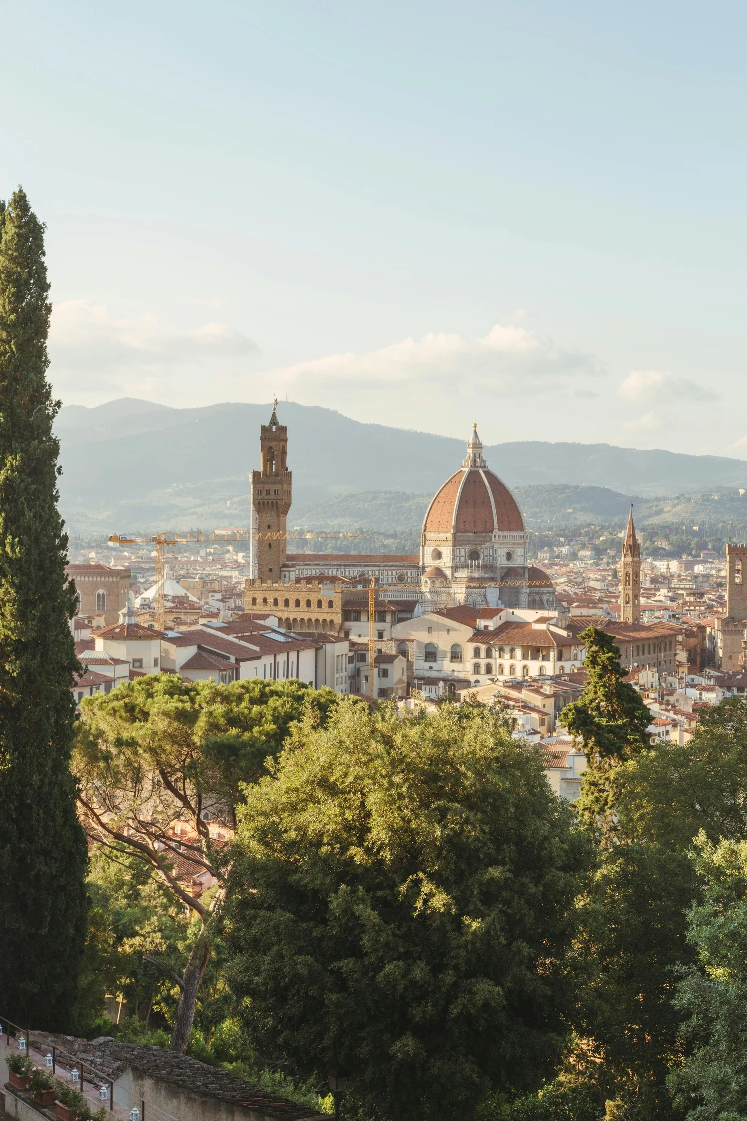 Cityscape of Florence, Italy, with the Cathedral of Santa Maria del Fiore and its famous red-tiled dome, surrounded by historic buildings, trees, and hills in the background on a clear day.