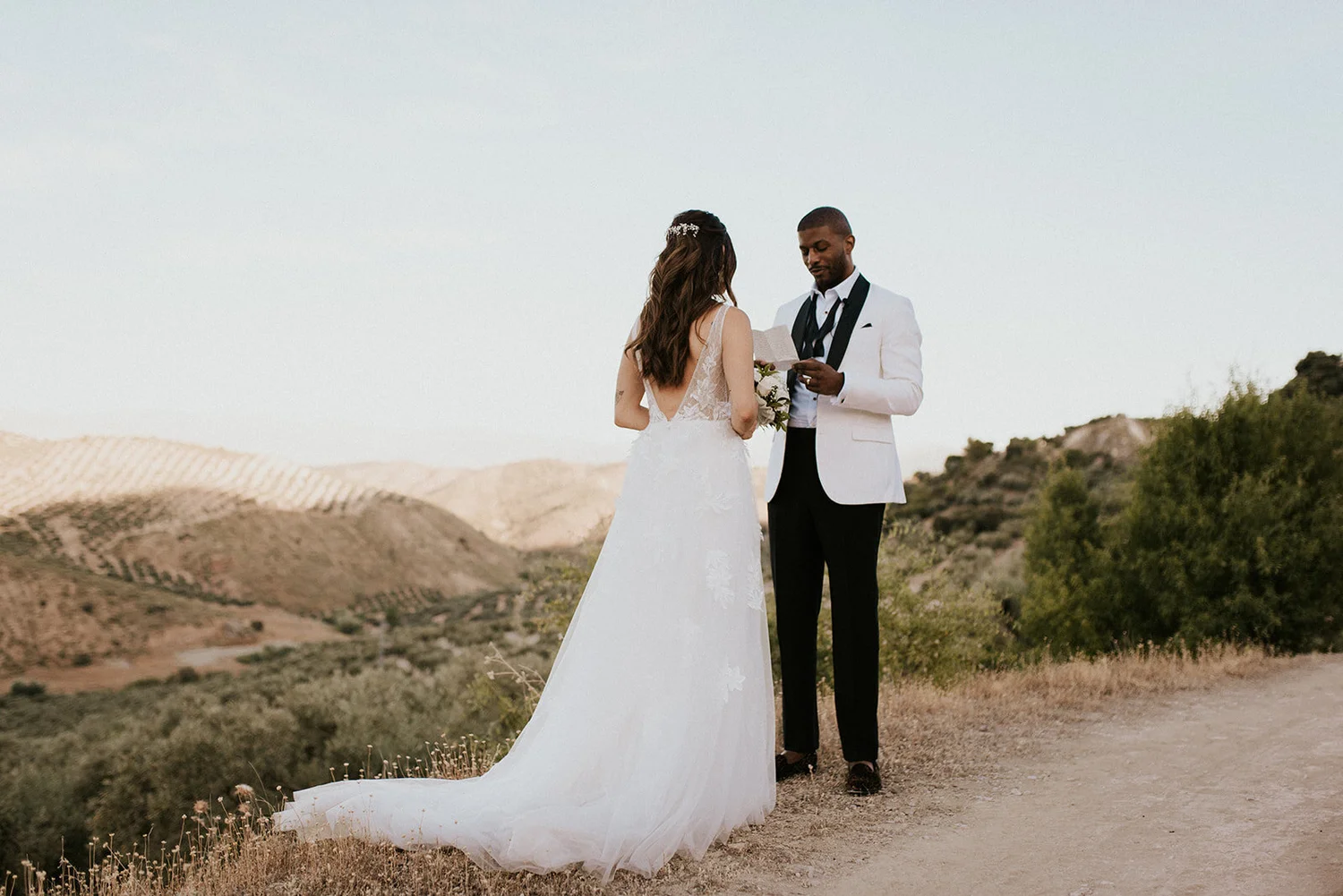 A bride and groom exchanging vows outdoors in a desert landscape.