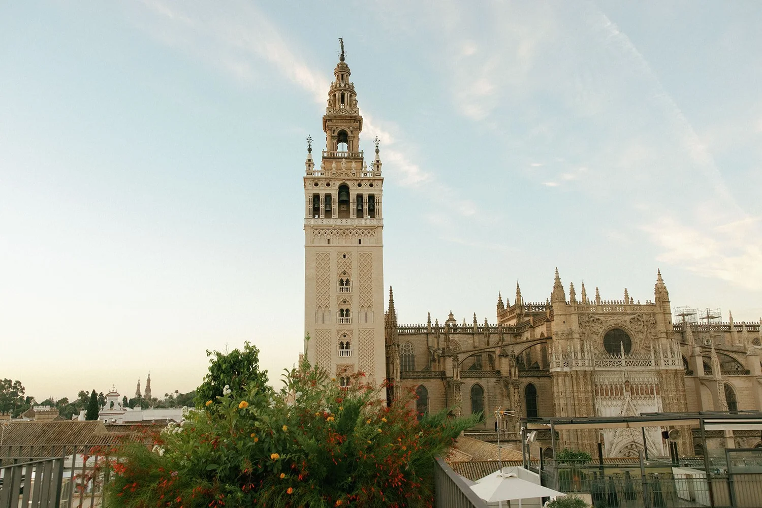 Cityscape featuring a tall historic tower with intricate architectural details next to a cathedral, under a partly cloudy sky, with some greenery and rooftops in the foreground.