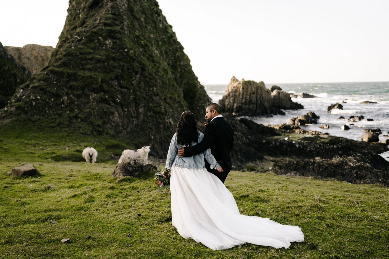 A couple in wedding attire standing on a grassy field near the ocean, with rocky cliffs and some sheep in the background.