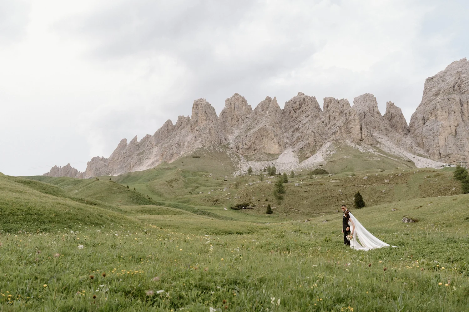 A couple dressed in wedding attire walking hand in hand across a green meadow with a mountain range in the background.