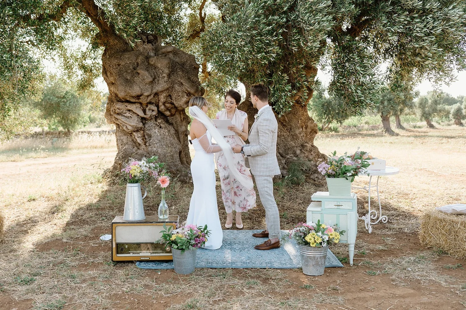 A couple getting married outdoors under a large tree, with an officiant reading from a book. The bride is in a white dress with long sleeves and a veil, and the groom is in a light plaid suit. There are colorful flowers in vases and pots around them,