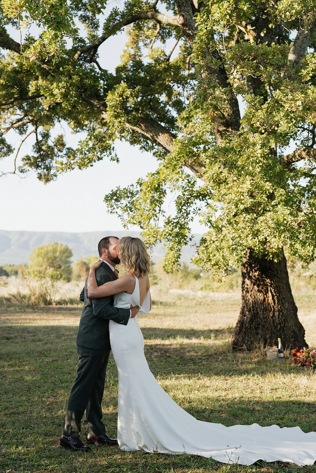 A couple sharing a kiss under a large tree in an outdoor setting, with the bride wearing a white gown and the groom in a dark suit.