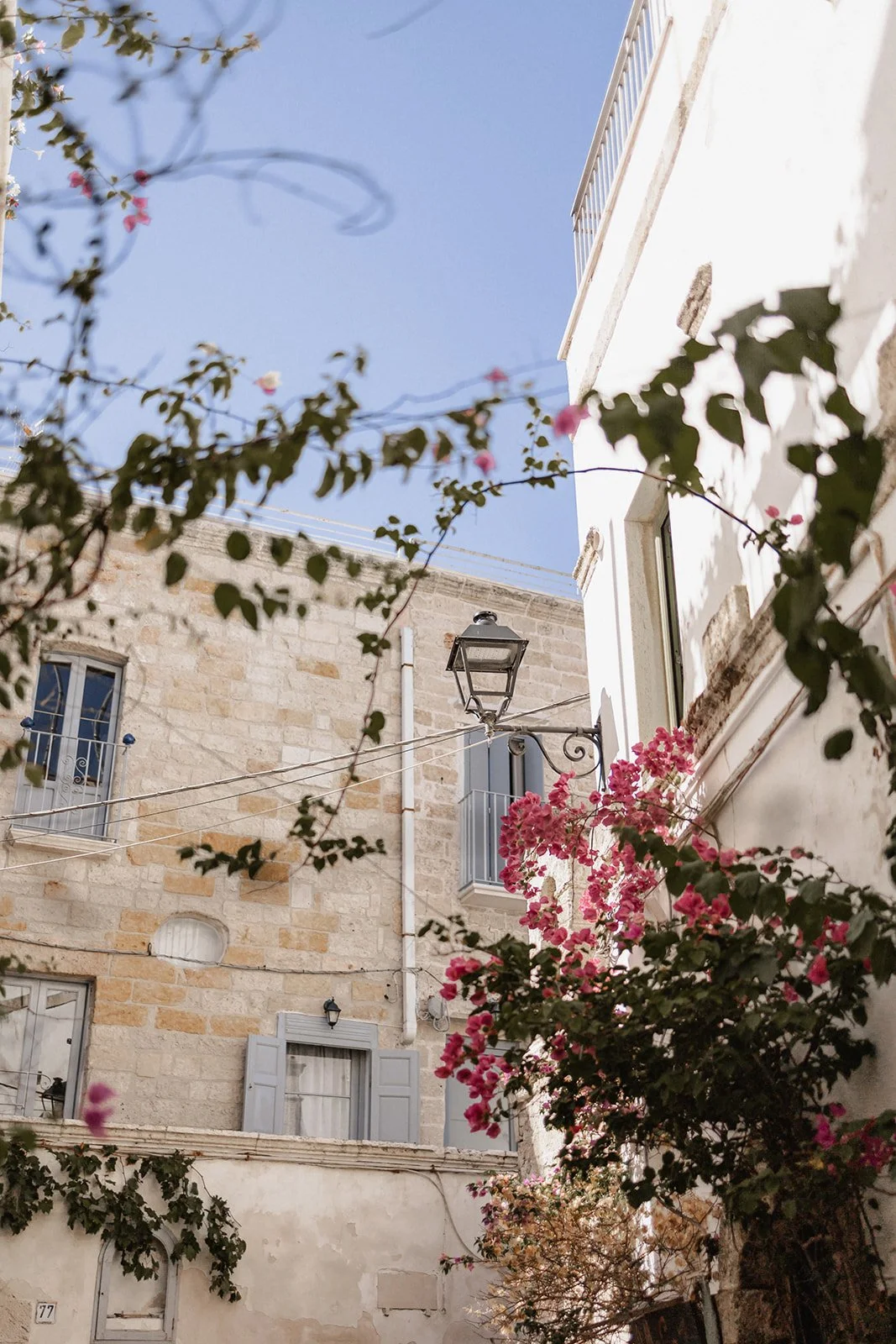 A view of a European street scene with old stone buildings, pink flowering plants, a black lantern, and hanging wires against a clear blue sky.
