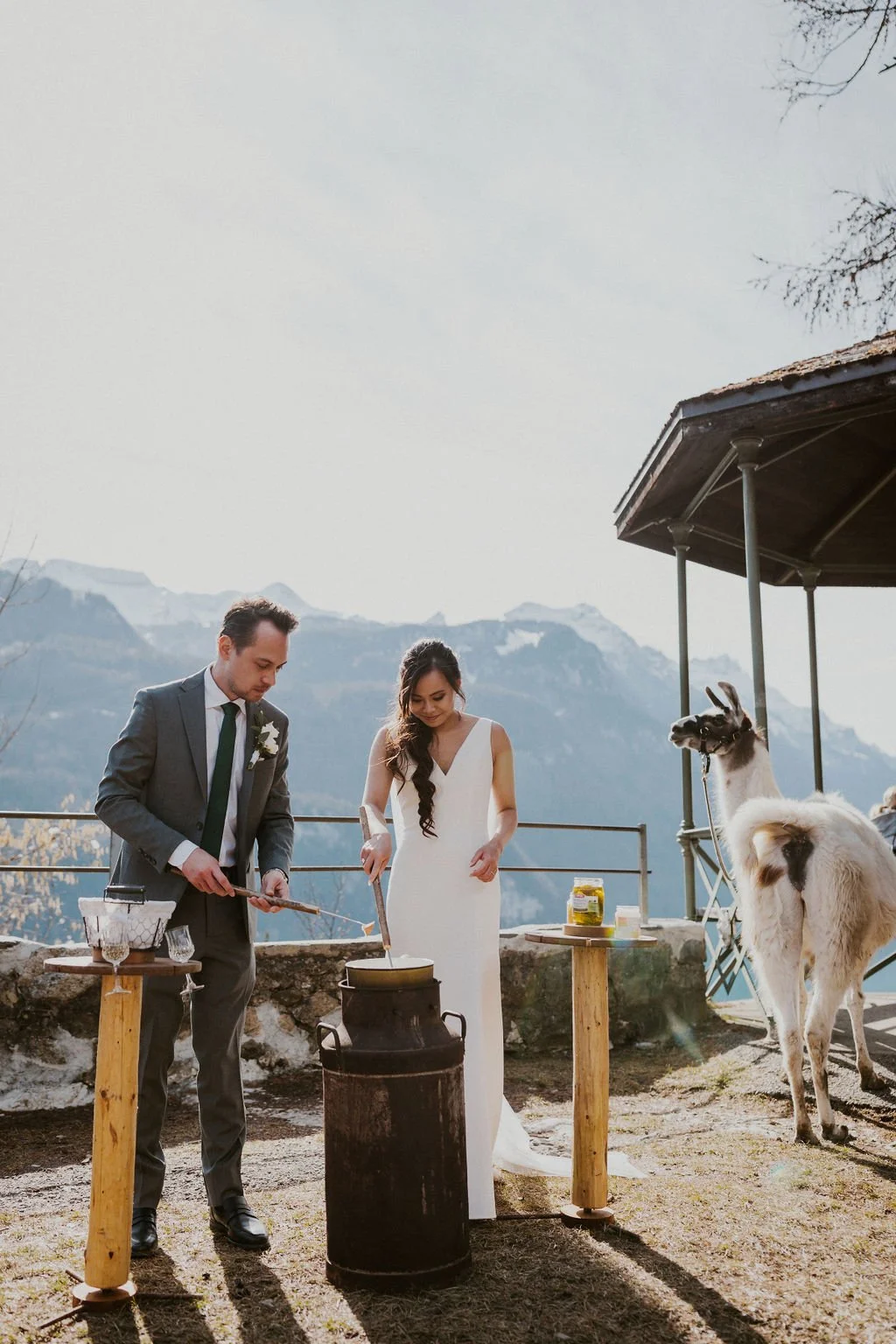 A bride and groom in wedding attire cooking together outdoors with mountains in the background, accompanied by a llama.